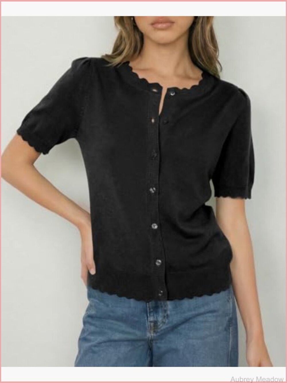 Puff Short Sleeve Cardigan Button Down Crew Neck Lightweight Knit Sweater - Picture 2 of 7